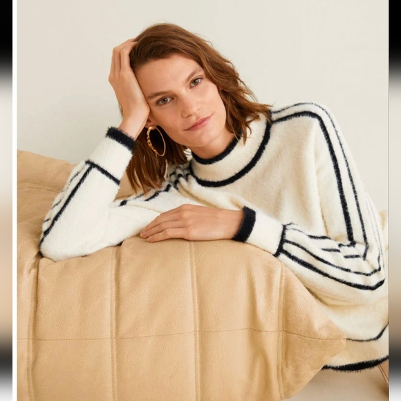 MANGO Contrasting Stripe Cream/Black Soft Sweater. Sz. Large. NWOT - Picture 7 of 10